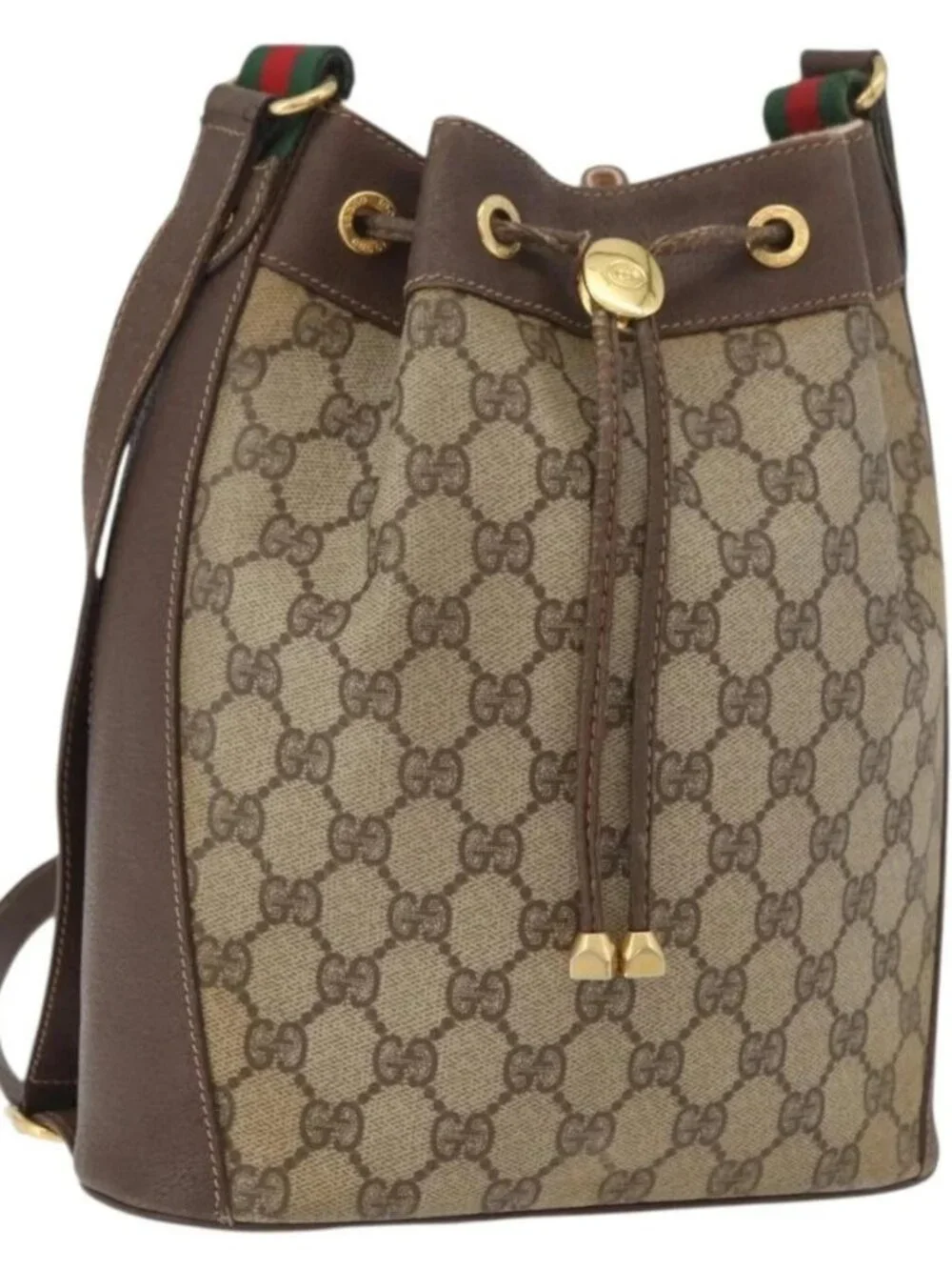 GUCCI GG Supreme Web Sherry Line Bag PVC Beige Gold 164 02 034 Auth